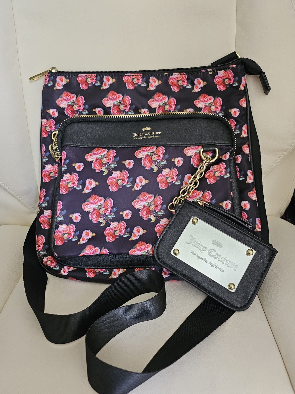 Juicy Couture Floral Crossbody Bag in Black with Pink Roses
